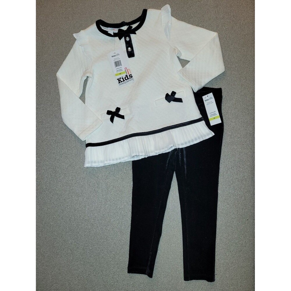 Kids Headquarters Size 4t White With Black Bow Top & Black Velvet Pants Set NWT